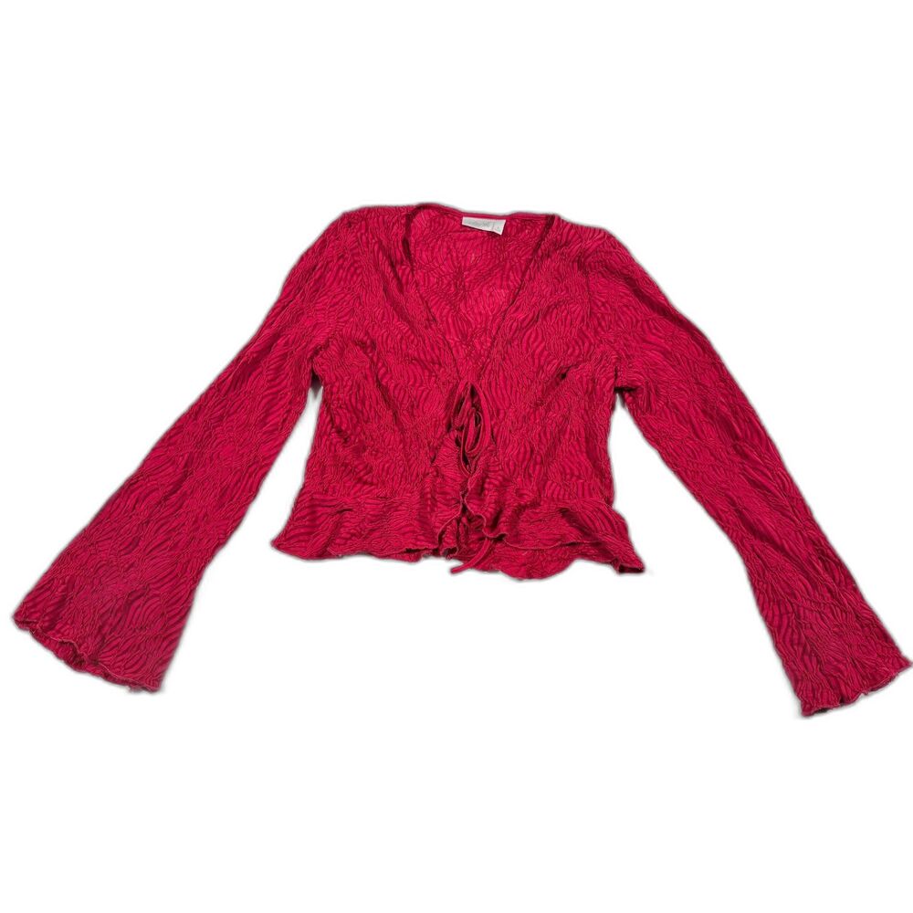 Willow & Root Red Textured Flared Long Sleeve Front Tie Cropped Top Blouse L